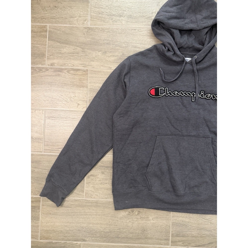 Champion Hoodie Mens Large Gray Script Logo Pullover Sweatshirt Embroidered - Picture 3 of 16